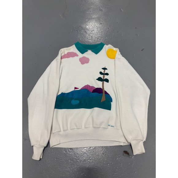 Jerzees Other - Vintage Jerzees Golf Landscape Sweatshirt White Teal Collar Made in USA Large